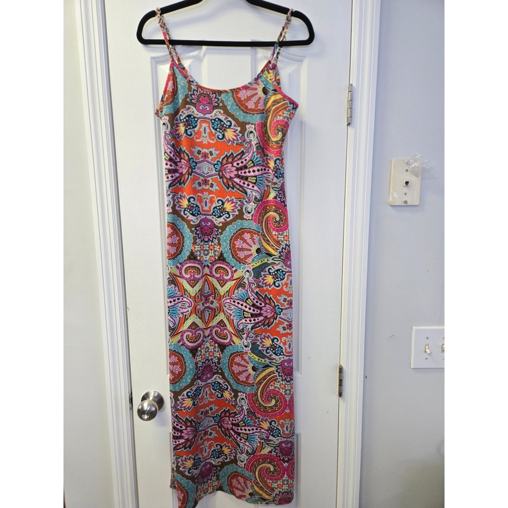 Prelude Paisley Print Maxi Slip Dress Multi-Color Chain Strap Detail Womens S